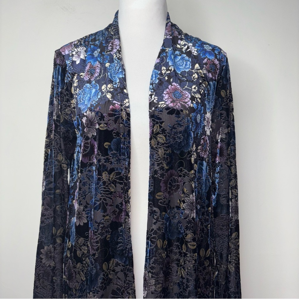 ZOA Velvet Burnout Iridescent Floral Open Cardigan M Lagenlook Boho Goth Fairy - Picture 5 of 16